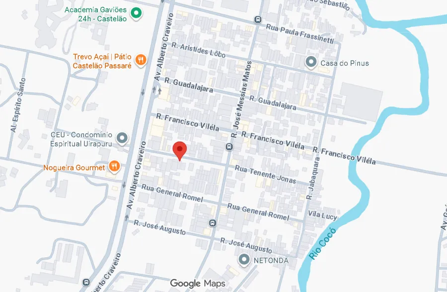 Mapa do Google Maps com a localização da FACOB, na Rua Tenente Jonas, 595, Mata Galinha, Fortaleza - CE